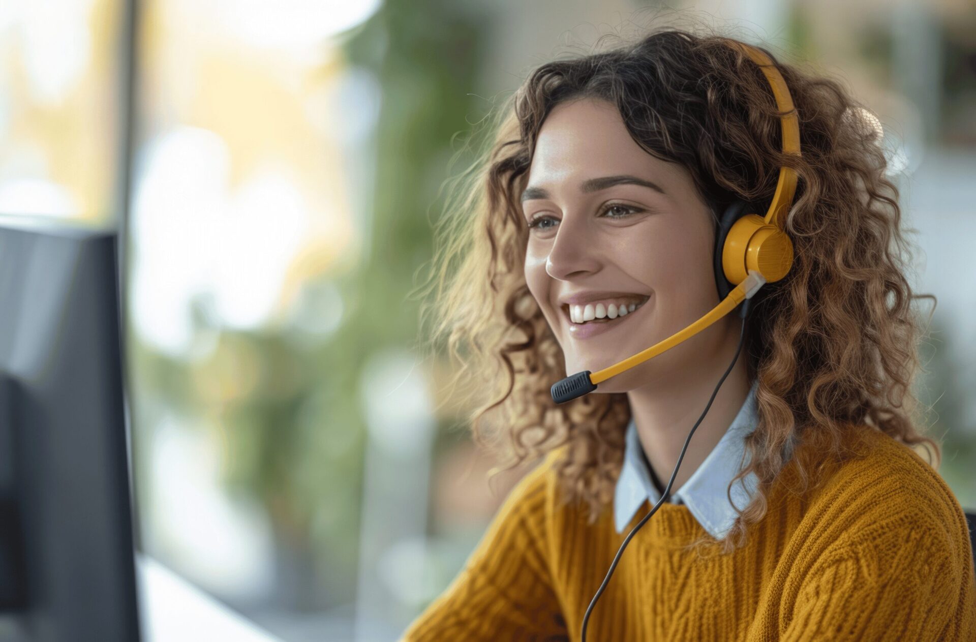 Young woman wearing a yellow cardigan and a white shirt, with curly hair, smiling and wearing a headset, representing a Strata Energy Advisor